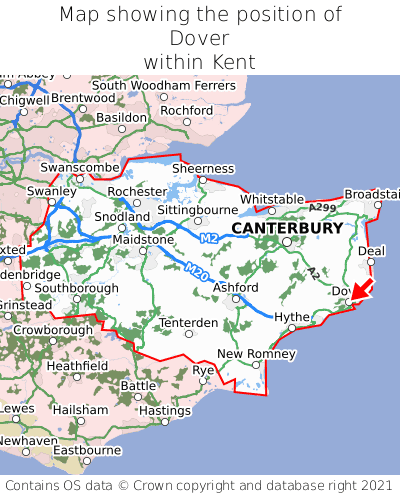 Map showing location of Dover within Kent