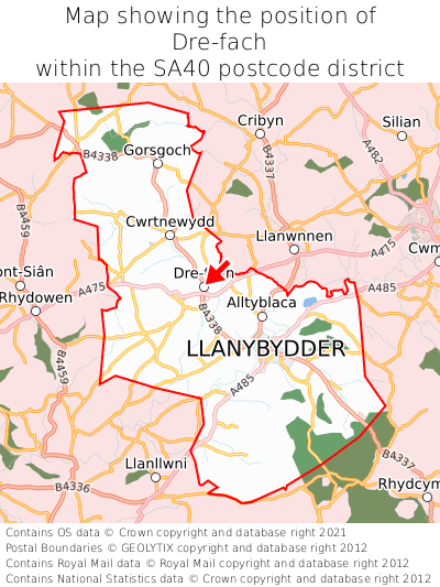 Map showing location of Dre-fach within SA40