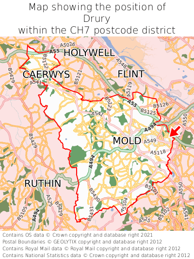Map showing location of Drury within CH7