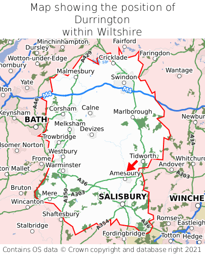 Map showing location of Durrington within Wiltshire