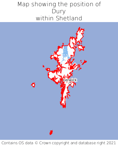 Map showing location of Dury within Shetland