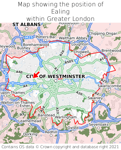 Map showing location of Ealing within Greater London