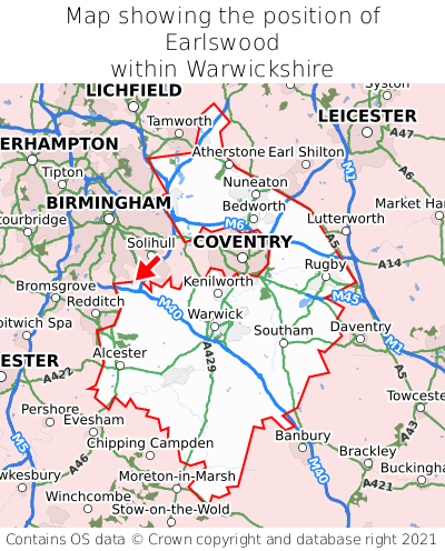 Map showing location of Earlswood within Warwickshire