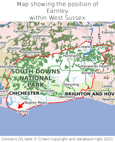 Map showing location of Earnley within West Sussex