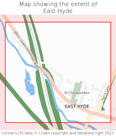 Map showing extent of East Hyde as bounding box