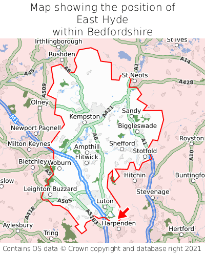 Map showing location of East Hyde within Bedfordshire