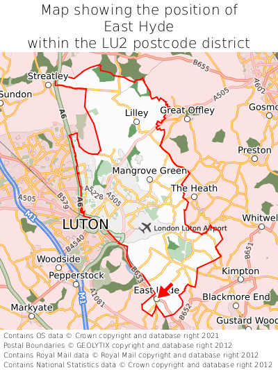 Map showing location of East Hyde within LU2