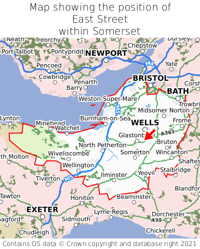 Map showing location of East Street within Somerset