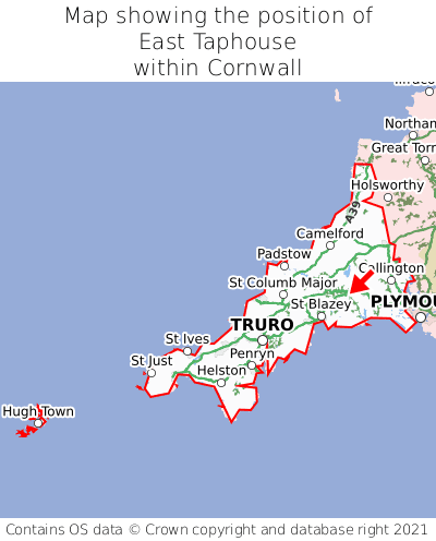 Map showing location of East Taphouse within Cornwall