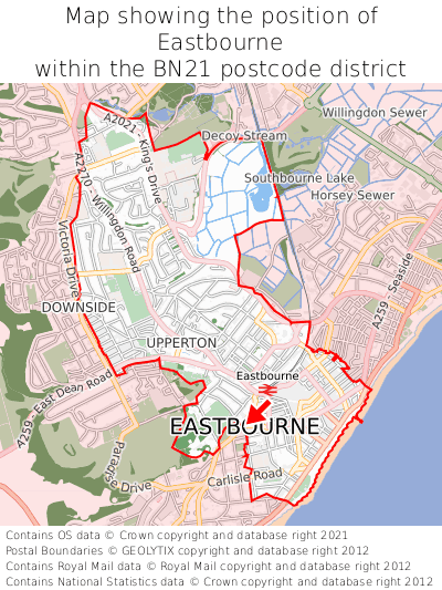 Map showing location of Eastbourne within BN21