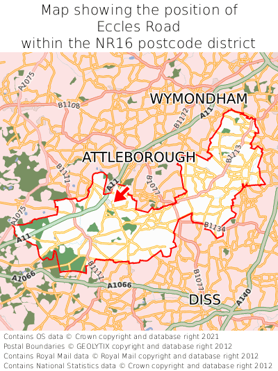 Map showing location of Eccles Road within NR16