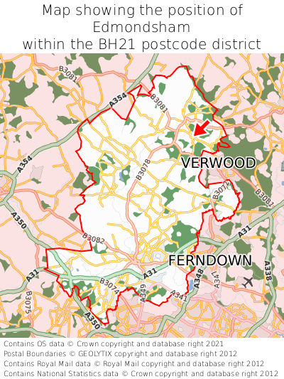 Map showing location of Edmondsham within BH21