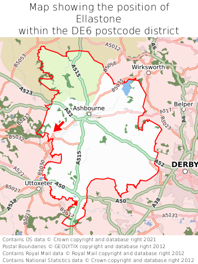 Map showing location of Ellastone within DE6