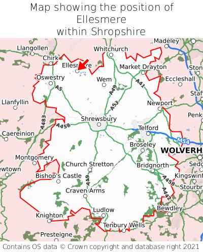 Map showing location of Ellesmere within Shropshire