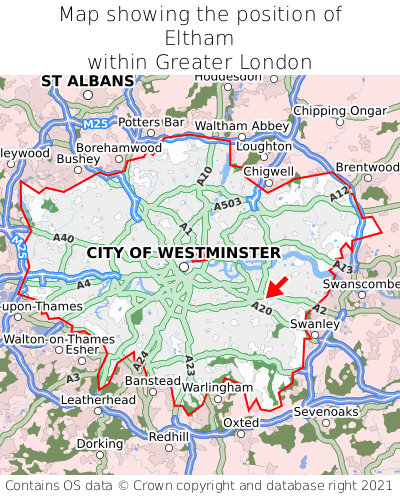 Map showing location of Eltham within Greater London