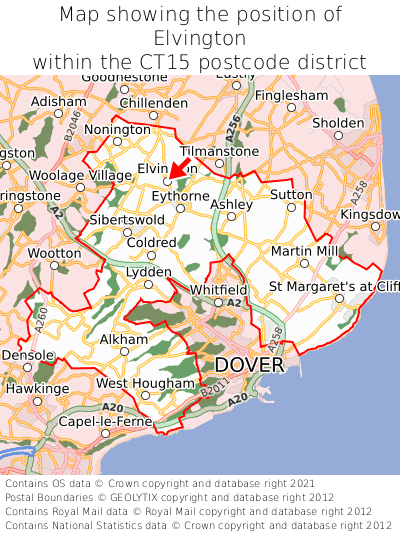 Map showing location of Elvington within CT15