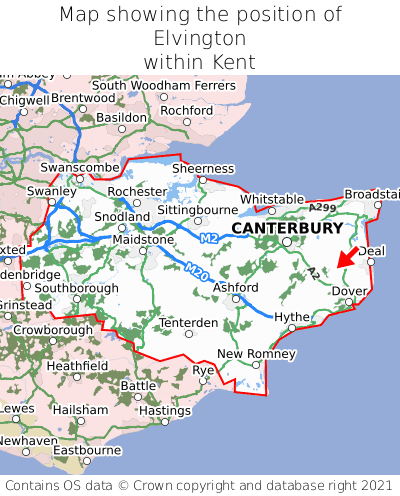 Map showing location of Elvington within Kent