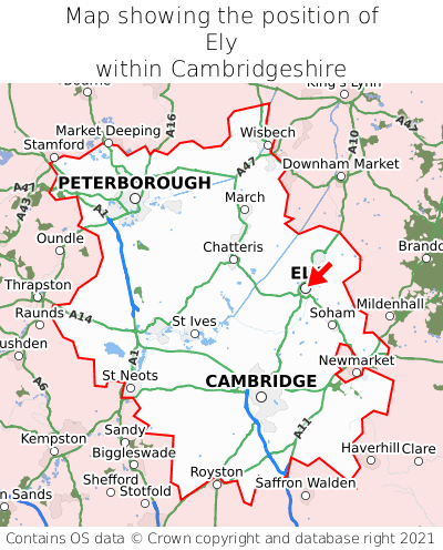 Map showing location of Ely within Cambridgeshire