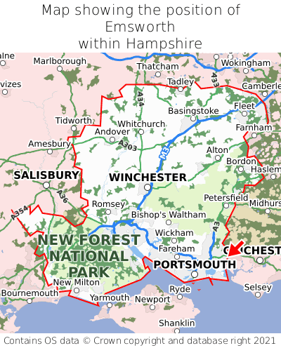 Map showing location of Emsworth within Hampshire