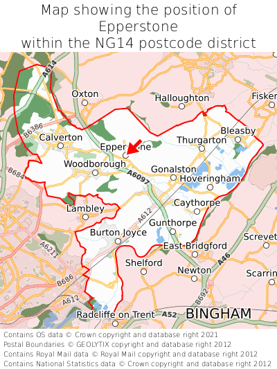 Map showing location of Epperstone within NG14