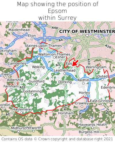 Map showing location of Epsom within Surrey