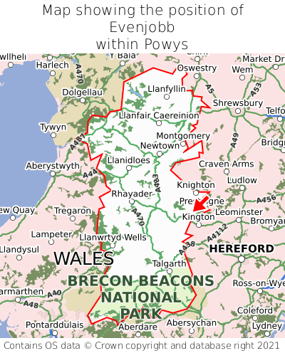 Map showing location of Evenjobb within Powys