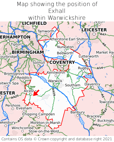 Map showing location of Exhall within Warwickshire
