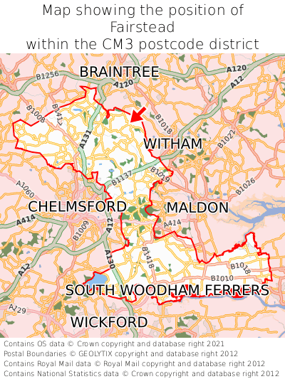 Map showing location of Fairstead within CM3