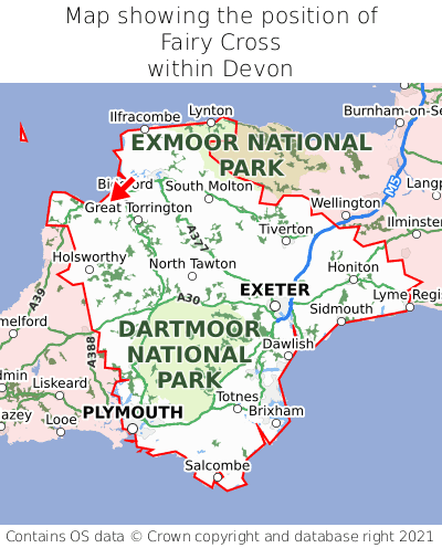 Map showing location of Fairy Cross within Devon