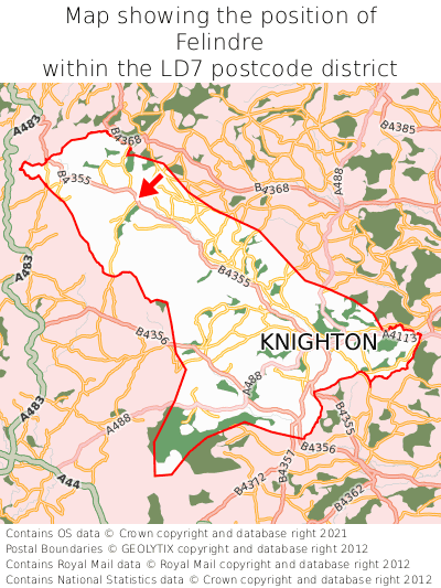 Map showing location of Felindre within LD7