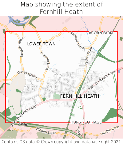 Map showing extent of Fernhill Heath as bounding box