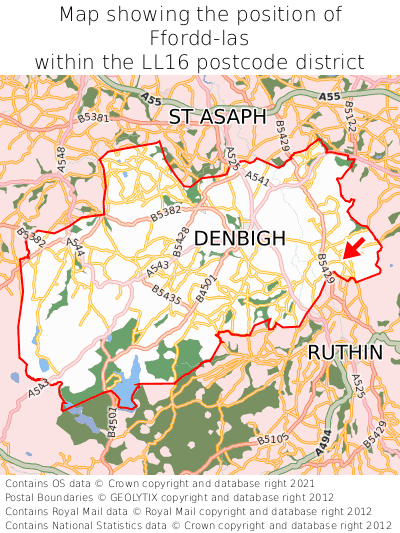 Map showing location of Ffordd-las within LL16