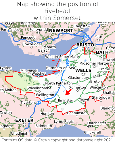 Map showing location of Fivehead within Somerset