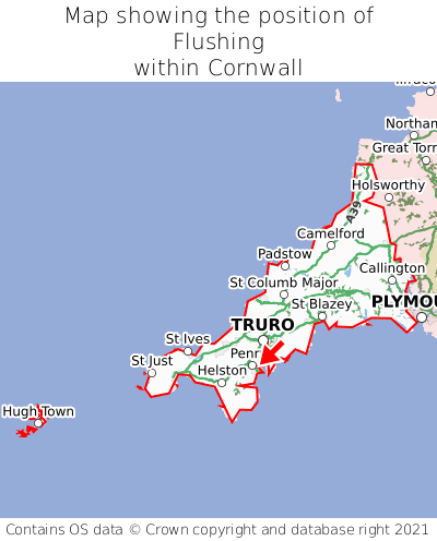 Map showing location of Flushing within Cornwall