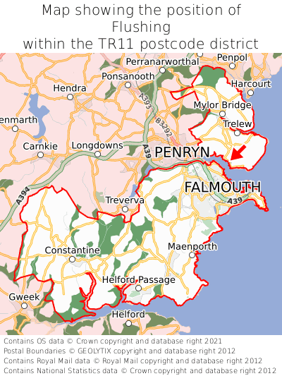 Map showing location of Flushing within TR11