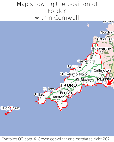 Map showing location of Forder within Cornwall