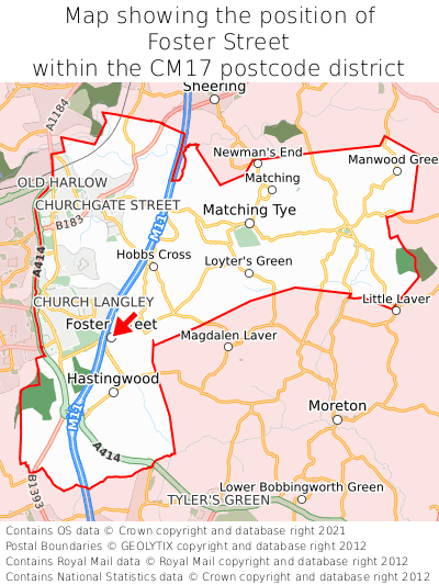 Map showing location of Foster Street within CM17