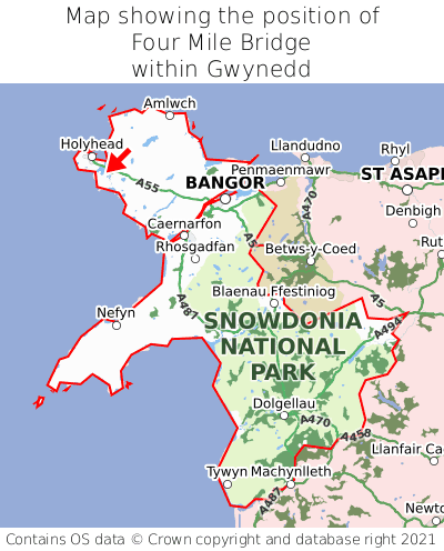 Map showing location of Four Mile Bridge within Gwynedd