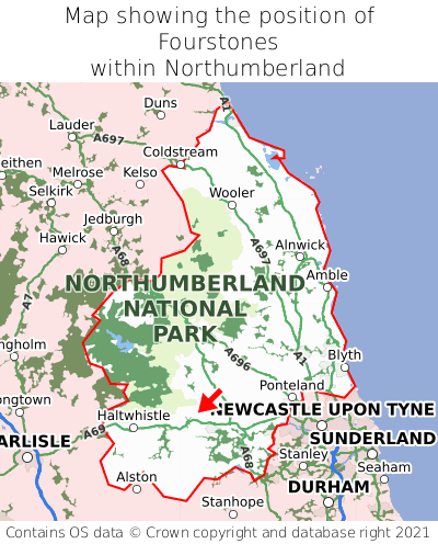 Map showing location of Fourstones within Northumberland