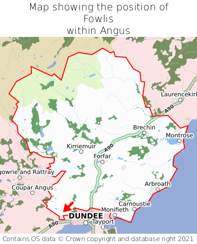Map showing location of Fowlis within Angus