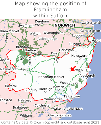 Map showing location of Framlingham within Suffolk