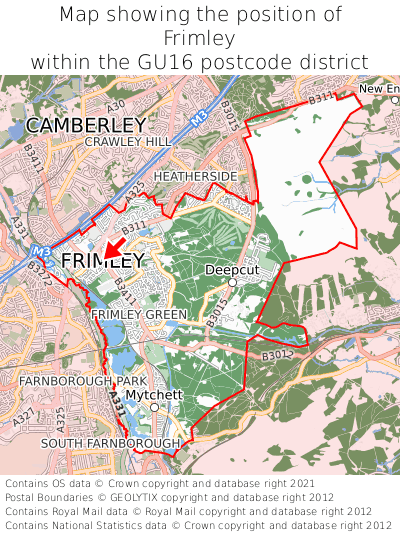 Map showing location of Frimley within GU16