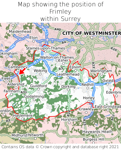 Map showing location of Frimley within Surrey
