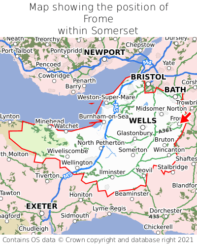 Map showing location of Frome within Somerset