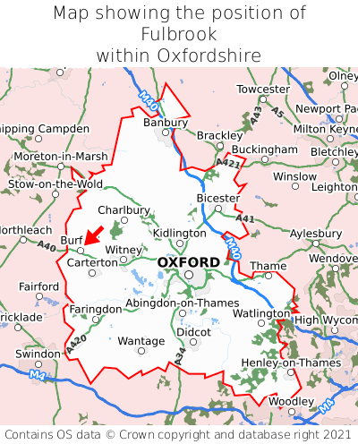 Map showing location of Fulbrook within Oxfordshire