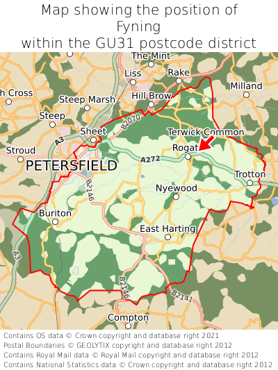 Map showing location of Fyning within GU31