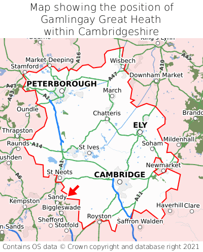 Map showing location of Gamlingay Great Heath within Cambridgeshire