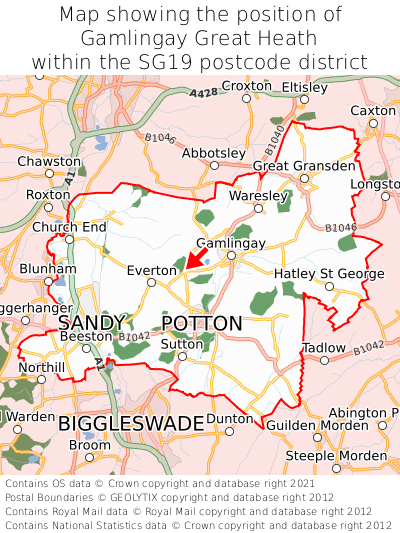 Map showing location of Gamlingay Great Heath within SG19