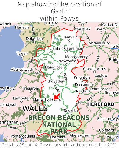 Map showing location of Garth within Powys