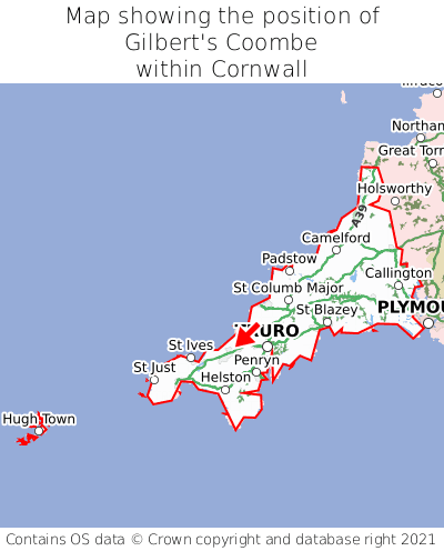 Map showing location of Gilbert's Coombe within Cornwall